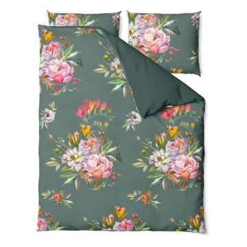 Lenjerie de pat din bumbac satinat pentru pat dublu Bonami Selection Floret, 160 x 200 cm, verde închis