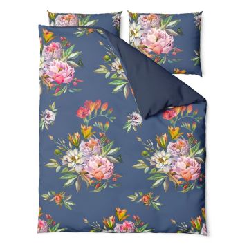 Lenjerie de pat din bumbac satinat pentru pat dublu Bonami Selection Floret, 200 x 200 cm, albastru marin