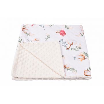 Paturica din bumbac model flori de bumbac si plus minky crem 80x80 cm