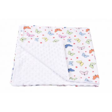 Paturica din bumbac model fluturasi si plus minky alb 80x80 cm