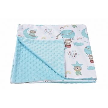 Paturica din bumbac model ursuleti si plus minky bleu 80x80 cm
