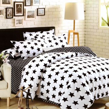 Lenjerie Bumbac Satinat 3D/5D - Alba Stelute Negre LBDN0835