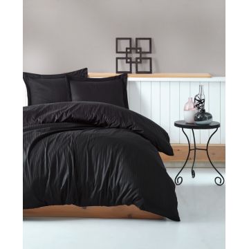Lenjerie de pat dubla, 4 piese, 100% bumbac satinat, Cotton Box, Premium Stripe, negru
