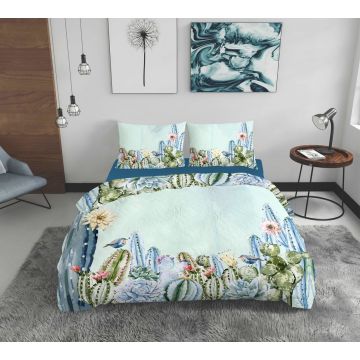 Lenjerie de pat dubla Cactus, Bedora, 4 piese, 200x220, 100% bumbac, multicolor
