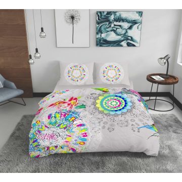 Lenjerie de pat dubla, Dream, 4 piese, 200x220, 100% bumbac, gri inchis/multicolor