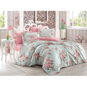 Lenjerie de pat dubla, Eponj Home, Alanur Mint, 4 piese, amestec bumbac, multicolor