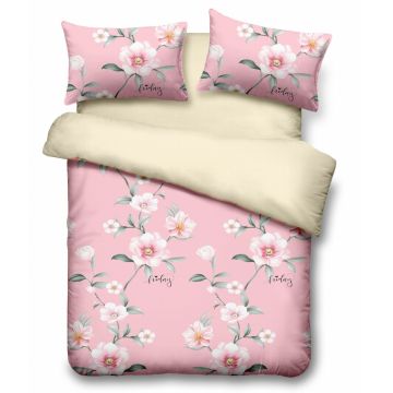 Lenjerie de pat dubla Joy, Vanora, 4 piese, 220 x 240 cm, 100% microfibra, roz/bej