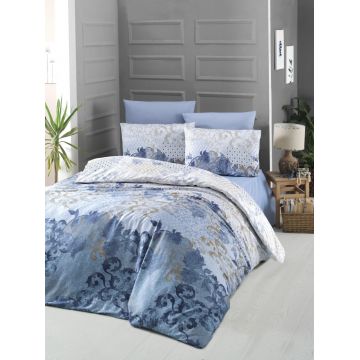 Lenjerie de pat dubla King Size, Victoria, Nerissa, 6 piese, 100% bumbac satinat, tesatura Jacquard, albastru