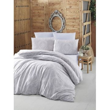 Lenjerie de pat dubla King Size, Victoria, Ornament Grey, 4 piese, 100% bumbac ranforce, gri