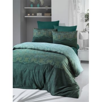 Lenjerie de pat dubla King Size, Victoria, Pandora Green, 6 piese, 100% bumbac satinat, tesatura Jacquard, verde