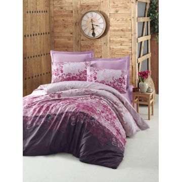 Lenjerie de pat dubla King Size, Victoria, Rina Rose, 6 piese, 100% bumbac satinat, tesatura Jacquard, rose