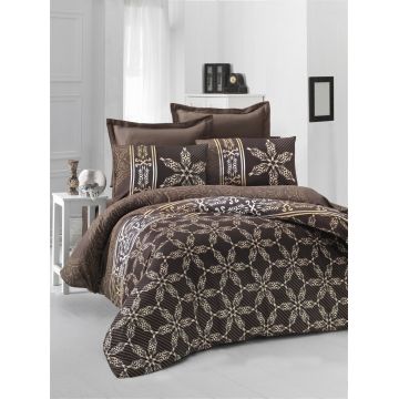 Lenjerie de pat dubla King Size, Victoria, Urban, 6 piese, 100% bumbac satinat, tesatura Jacquard, maro