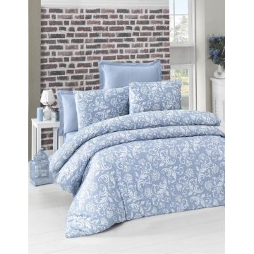 Lenjerie de pat dubla King Size, Victoria, Verano Blue, 6 piese, 100% bumbac satinat, tesatura Jacquard, albastru