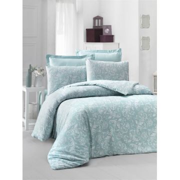 Lenjerie de pat dubla King Size, Victoria, Verano Mint, 6 piese, 100% bumbac satinat, tesatura Jacquard, menta