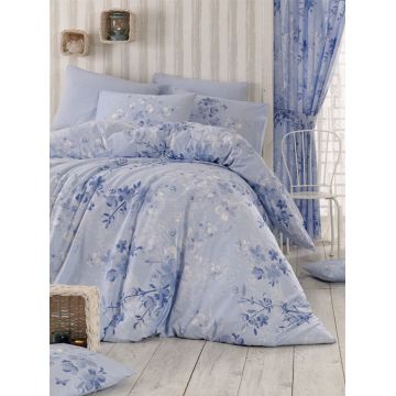 Lenjerie de pat dubla, Pearl Home, Elena Blue, 4 piese, 100% bumbac ranforce, bleu