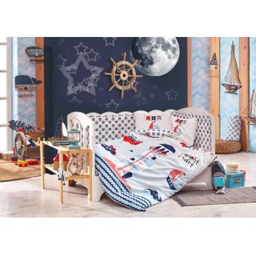 Lenjerie de pat pentru copii, 4 piese, 100% bumbac poplin, Hobby, Baby Sailor, multicolor