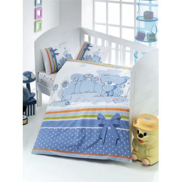 Lenjerie de pat pentru copii, Victoria, Bear, 4 piese, 100% bumbac ranforce, albastru/alb