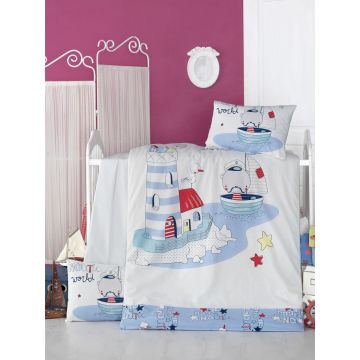 Lenjerie de pat pentru copii, Victoria, Nautic, 4 piese, 100% bumbac ranforce, albastru/alb
