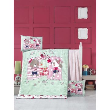 Lenjerie de pat pentru copii, Victoria, Sleepy, 4 piese, 100% bumbac ranforce, verde/rosu