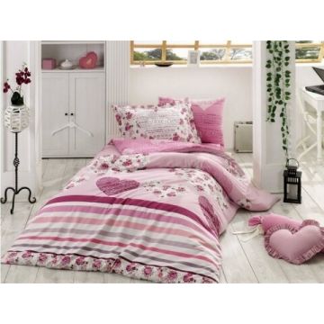 Lenjerie de pat pentru o persoana, 3 piese, 100% bumbac poplin, Hobby, Bella Lilac, roz