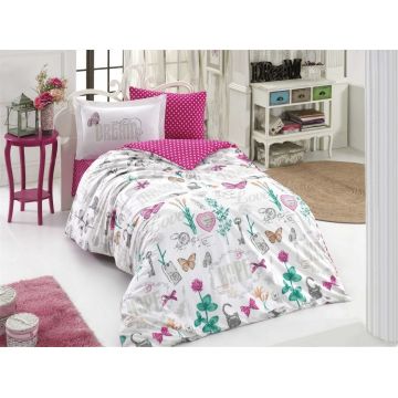 Lenjerie de pat pentru o persoana, 3 piese, 100% bumbac poplin, Hobby, Rossella Fuchsia, multicolora