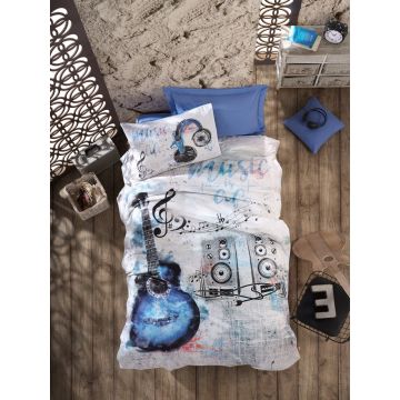 Lenjerie de pat pentru o persoana Guitar - Blue, Cotton Box, 3 piese, bumbac ranforce, albastru Lenjerie de pat pentru o persoana Guitar - Blue, Cotton Box, 3 piese, bumbac ranforce, albastru