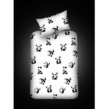 Set cearceaf si fata de perna, EnLora Home, Panda, 100x200 cm, amestec bumbac, alb/negru Set cearceaf si fata de perna, EnLora Home, Panda, 100x200 cm, amestec bumbac, alb/negru