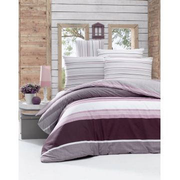 Lenjerie de pat dubla King Size, Victoria, Savoy Lilac, 4 piese, 100% bumbac ranforce, alb/lila