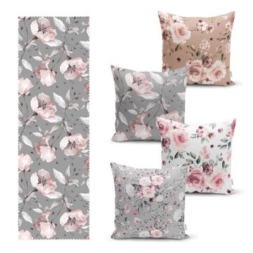Set 4 fețe de pernă și napron din amestec de bumbac Minimalist Home World Set 4 fețe de pernă și napron din amestec de bumbac Minimalist Home World