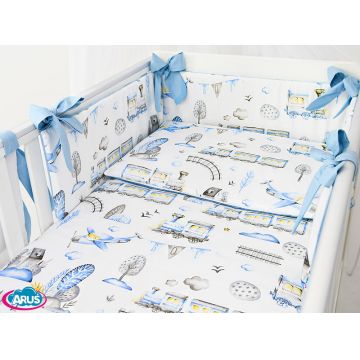Lenjerie patut 3 piese cu protectie laterala pentru patut 120x60 cm Blue Choo-Choo