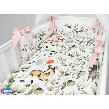 Lenjerie patut 3 piese cu protectie laterala pentru patut 120x60 cm Deer Green Powder pink