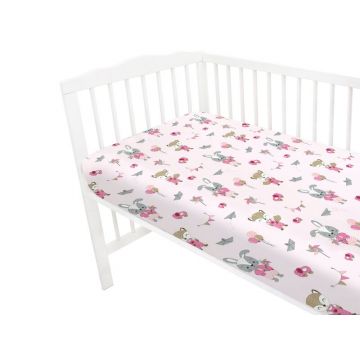 Cearceaf cu elastic Qmini pentru patut 140X70 cm din bumbac Fox and Rabbit Pink