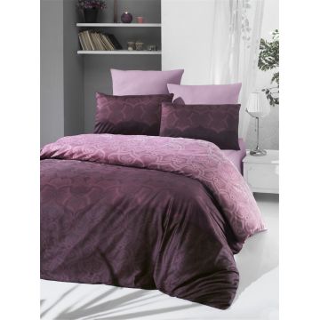 Lenjerie de pat dubla King Size, Victoria, Pandora Rose, 6 piese, 100% bumbac satinat, tesatura Jacquard, roz