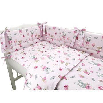 Lenjerie patut 3 piese cu protectie laterala Qmini 120x60 cm Fox and Rabbit Pink