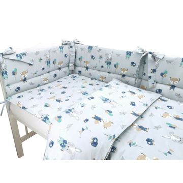 Lenjerie patut 3 piese cu protectie laterala Qmini 140x70 cm Fox and Rabbit Blue