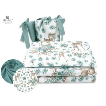 Lenjerie patut 4 piese bumbac MimiNu cu doua protectii laterale pentru patut 120x60 cm Sweet Deer Mint