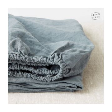 Cearceaf albastru/gri din in cu elastic 160x200 cm Blue Fog – Linen Tales