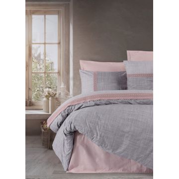 Lenjerie de pat dubla, 6 piese, 200x220 cm, 100% bumbac ranforce, cu detalii brodate, Cotton Box, Hazel, roz pudra Lenjerie de pat dubla, 6 piese, 200x220 cm, 100% bumbac ranforce, cu detalii brodate, Cotton Box, Hazel, roz pudra