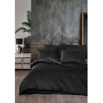 Lenjerie de pat dubla, 6 piese, 200x220 cm, 100% bumbac, Saheser, Ludano, negru