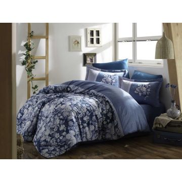 Lenjerie de pat pentru o persoana, 2 piese, 135x200 cm, 100% bumbac satinat, Hobby, Amalia, albastru petrol