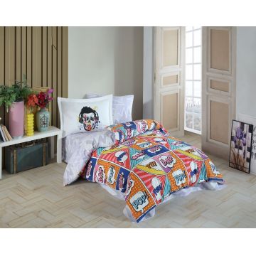 Lenjerie de pat pentru o persoana, 3 piese, 160x220 cm, 100% bumbac poplin, Hobby, Wow, multicolor