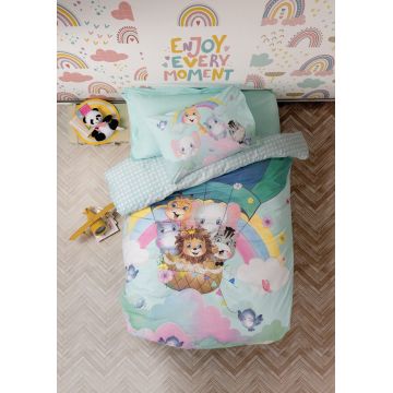 Lenjerie de pat pentru o persoana, 3 piese, 160x220 cm, 100% bumbac ranforce, Cotton Box, Cute Animals, menta