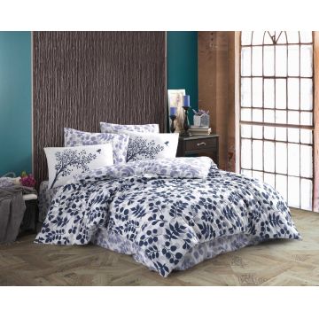 Lenjerie de pat pentru o persoana, 3 piese, 160x220 cm, 100% bumbac ranforce, Hobby, Silvia, albastru inchis