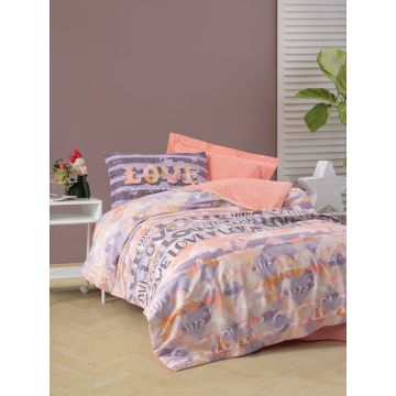 Lenjerie de pat pentru o persoana + cearceaf cu elastic Young, 3 piese, 160x220 cm, 100% bumbac ranforce, Cotton Box, Love, roz pudra