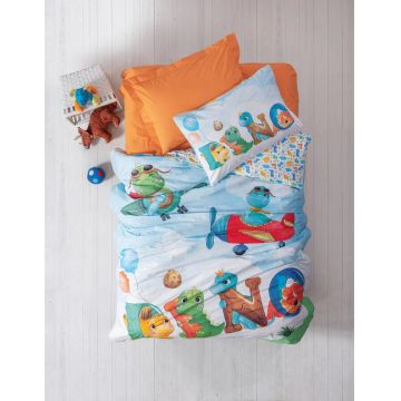 Lenjerie de pat pentru o persoana + cearceaf cu elastic Young, 3 piese, 160x220 cm, 100% bumbac ranforce, Cotton Box, Roar, portocaliu