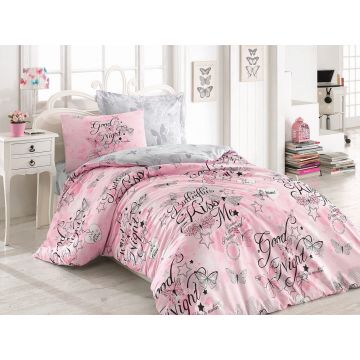Lenjerie de pat pentru o persoana Young, 3 piese, 160x220 cm, 100% bumbac ranforce, Cotton Box, Feeling, roz
