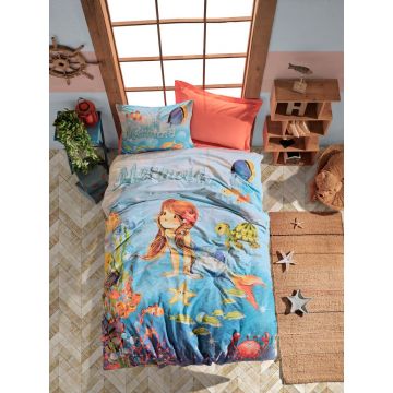 Lenjerie de pat pentru o persoana Young, 3 piese, 160x220 cm, 100% bumbac ranforce, Cotton Box, Mermaid, coral