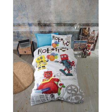 Lenjerie de pat pentru o persoana Young, 3 piese, 160x220 cm, 100% bumbac ranforce, Cotton Box, Robot, albastru