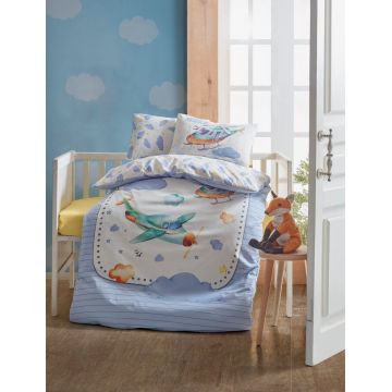 Lenjerie de pat pentru copii, 4 piese, 100x150 cm, 100% bumbac ranforce, Cotton Box, Air Plane, albastru