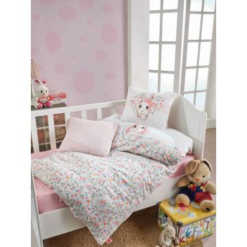Lenjerie de pat pentru copii, 4 piese, 100x150 cm, 100% bumbac ranforce, Cotton Box, Bunny, roz